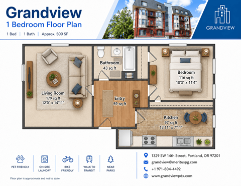 Floor plan for 1 bed, 1 bath, 610 sqft